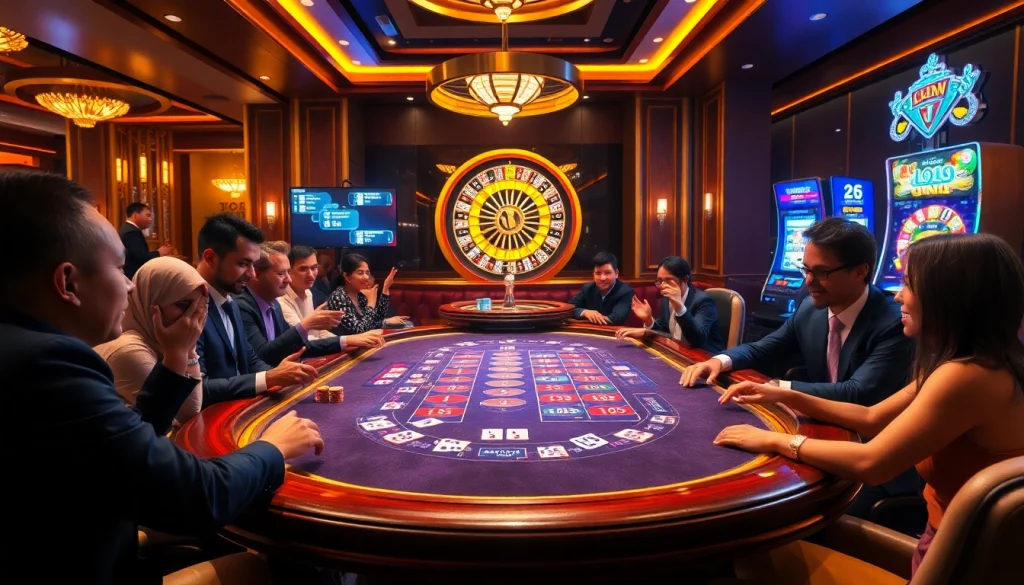 Experience the excitement of gambling at LC88media with vibrant casino visuals of tables and chips.