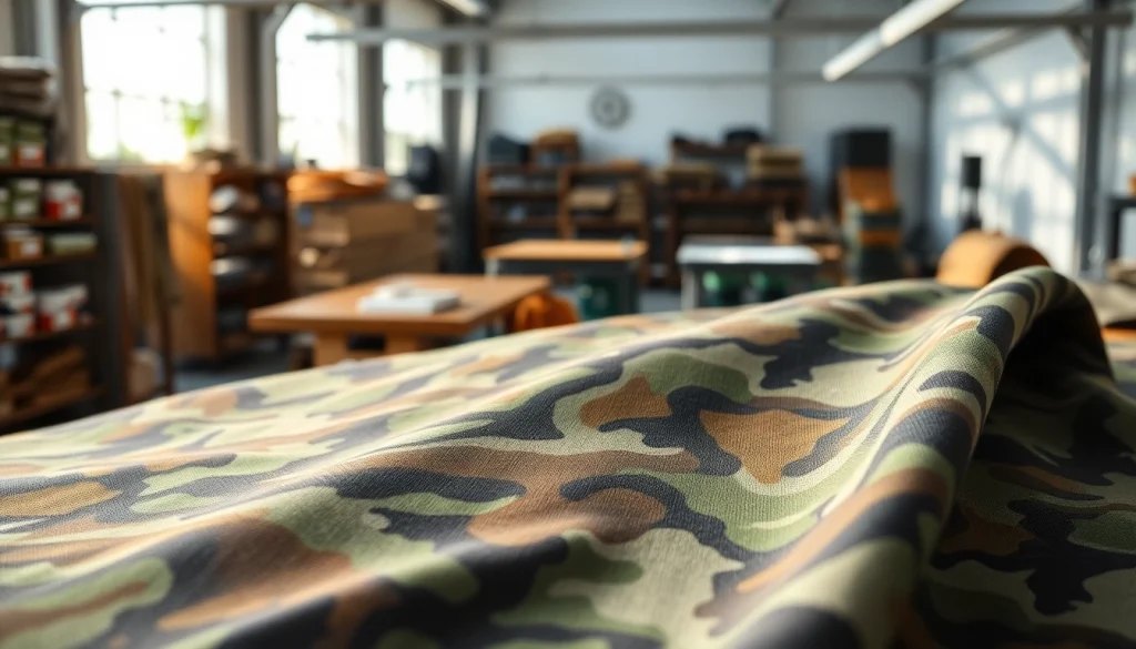Bekijk legerprint stof met unieke patronen in een moderne textielwerkplaats.