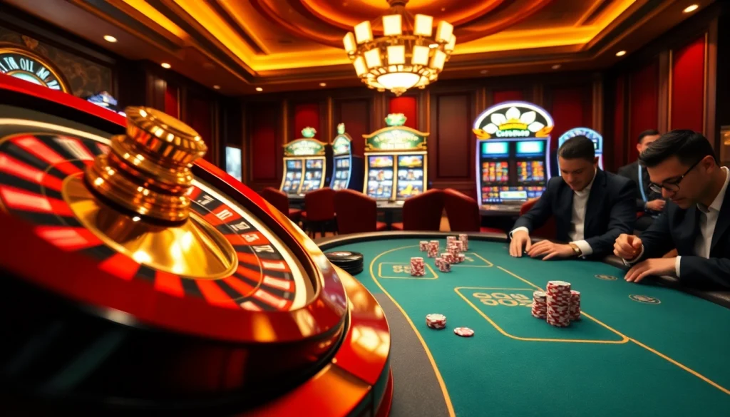 Experience the excitement of gambling at good88 .com with an engaging casino scene featuring roulette and poker games.