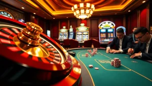 Experience the excitement of gambling at good88 .com with an engaging casino scene featuring roulette and poker games.