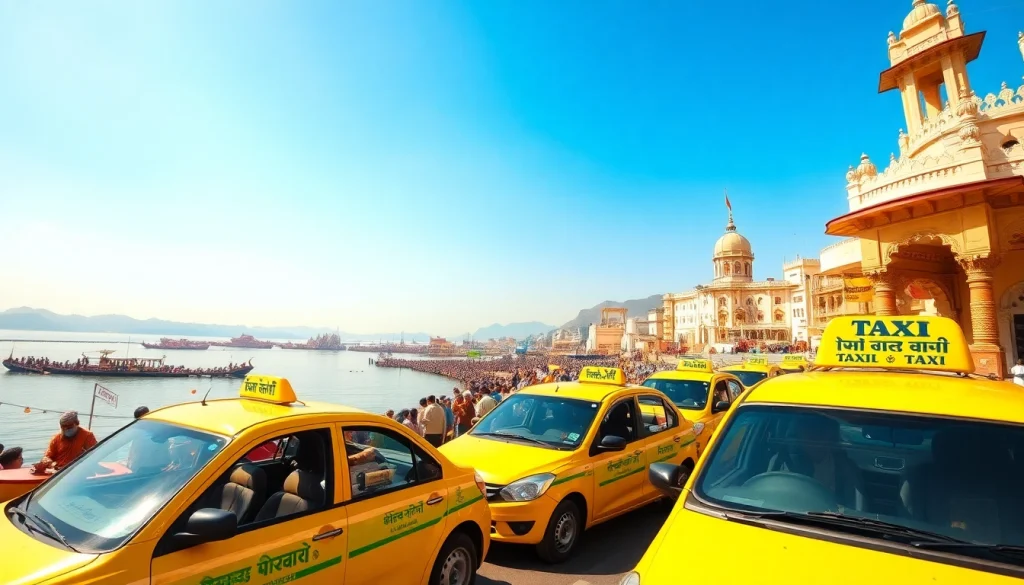 Haridwar Taxi Service featuring hygienic taxis near the Ganges river and pilgrims.