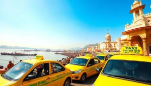 Haridwar Taxi Service featuring hygienic taxis near the Ganges river and pilgrims.