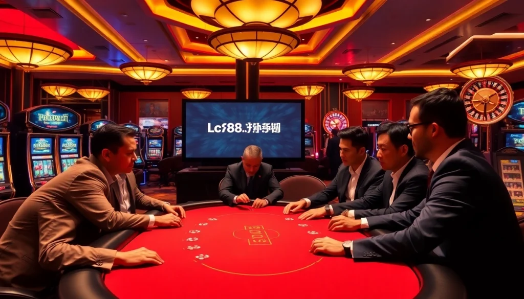 Players engage at a poker table in this lively scene featuring https://lc88.jpn.com/ for an exhilarating gaming experience.