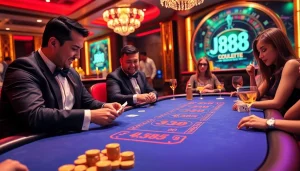Exciting J88 poker table scene with players engaging in gambling action surrounded by luxury.