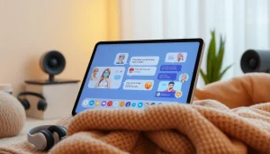 Engaging AI sex chatbot interface on a tablet in a cozy setting.