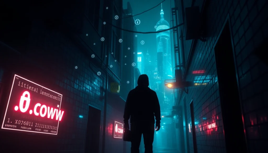 The hidden wiki dark web illustrated through a mysterious alleyway with glowing screens and shadowy figures, evoking intrigue and caution.