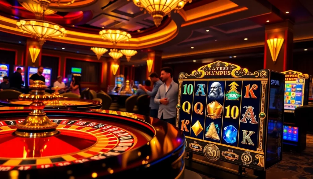 Pemain bermain mesin slot Olympus 1000 dalam suasana kasino mewah.