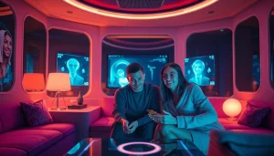 Interactive scene showcasing a couple engaging with AI avatars, highlighting the theme of sex ai in a modern digital room.