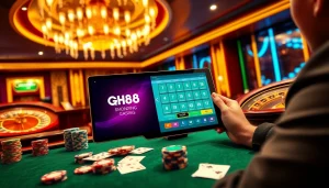Engaged players enjoying QH88's online casino gaming interface with vibrant poker chips and cards.