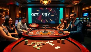 Người chơi đang thưởng thức một ván poker đầy hồi hộp tại bàn casino cg79, với màu sắc sống động và những đồng chip.