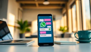 FM WhatsApp app interface displayed on a smartphone in a modern workspace.