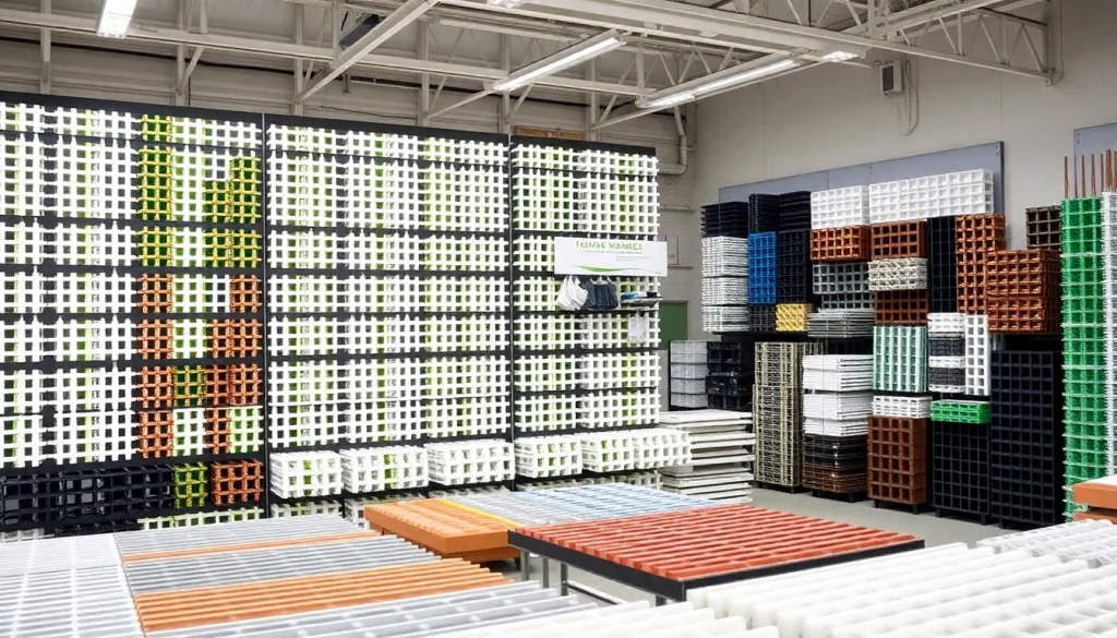 GRP Grating Supplier displaying a variety of fiberglass grating products in an inviting showroom.