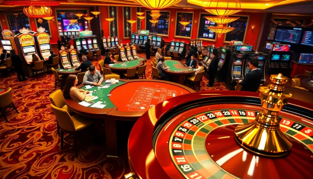 A lively casino scene showcasing bk8th gaming excitement with tables, dealers, and spinning roulette.