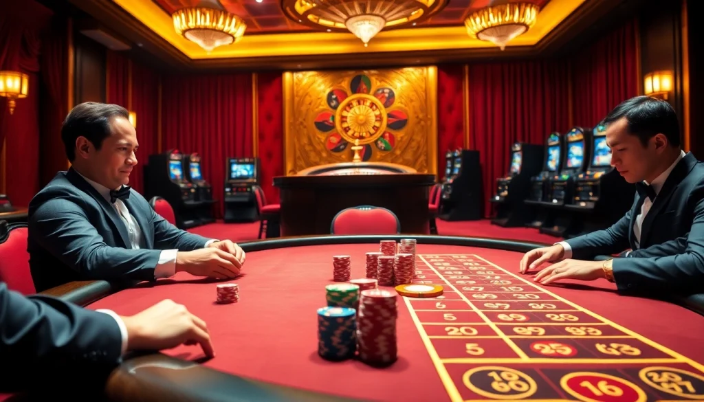Experience the excitement of online gambling with https://rr888.in.net/ as players engage in intense poker matches, surrounded by casino flair.