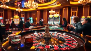 C168 casino ambiance with roulette, chips, and players enjoying games in luxury.