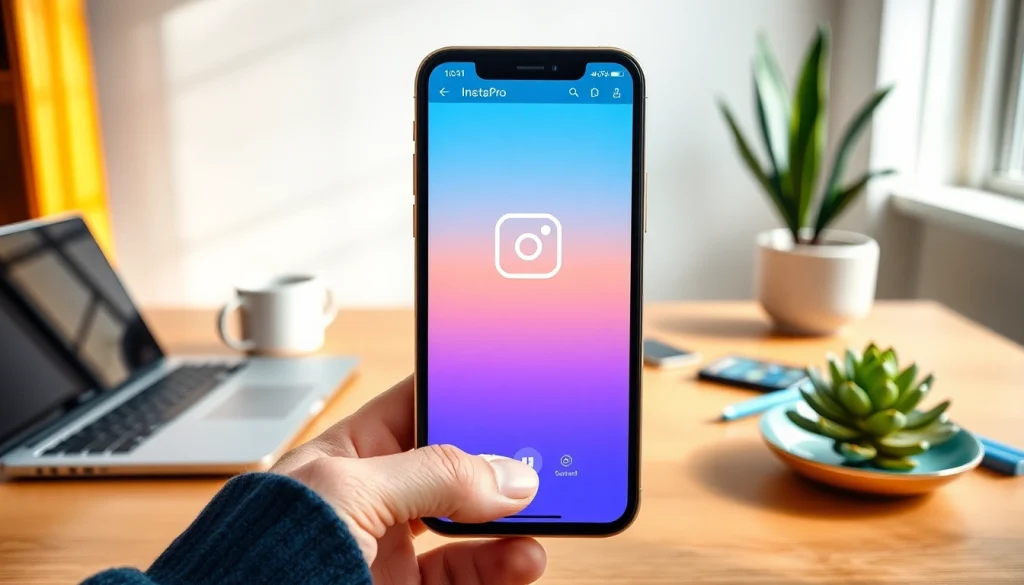 Discover the advanced features of the instapro apk showcased on a modern smartphone in a stylish workspace.