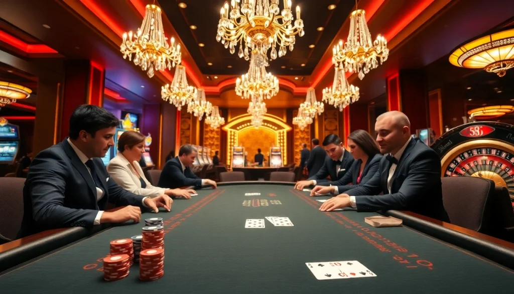 Players engaged in thrilling blackjack at bk8th, highlighting an upscale casino atmosphere with glamorous settings.