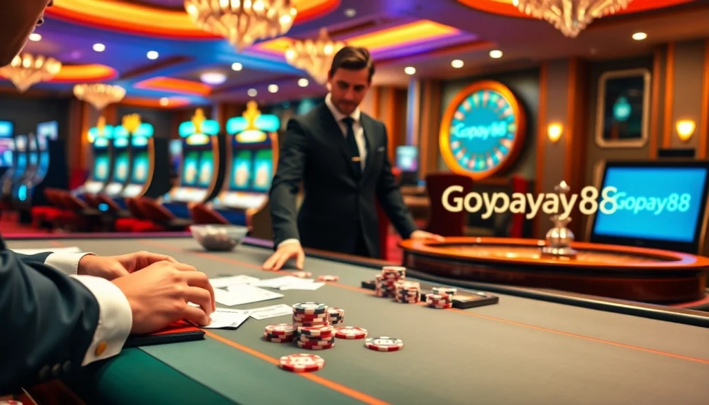 Experience thrilling games at Gopay88 with a vibrant casino scene featuring a stylish gaming table.