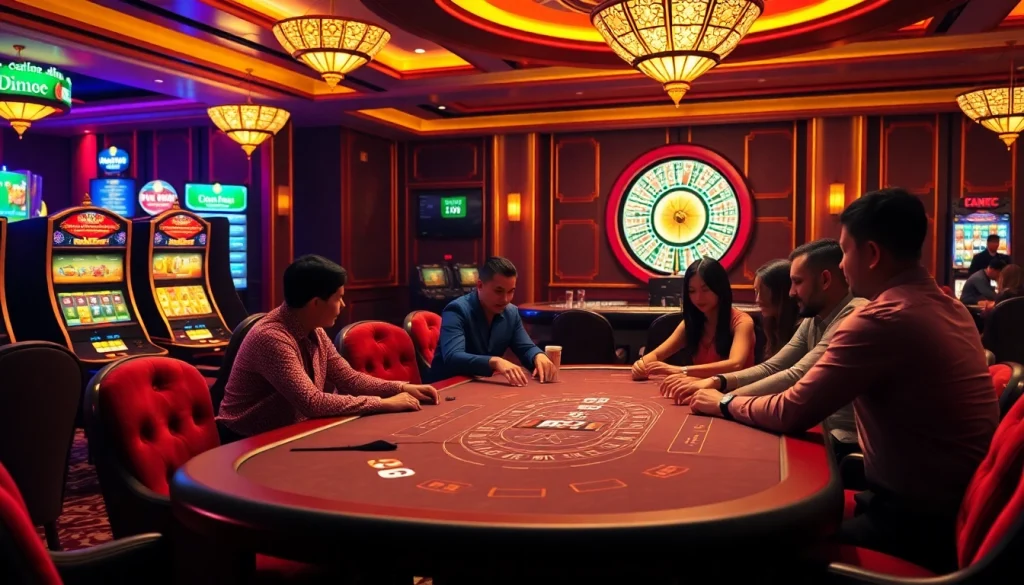 WW88 players enjoy an exciting poker game in a luxurious casino setting.
