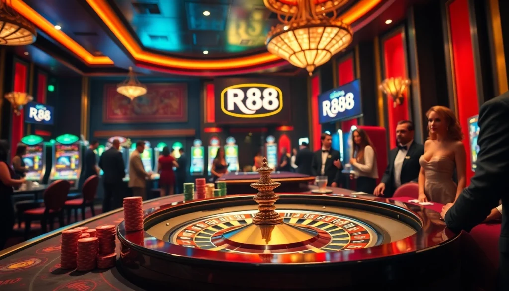 Engage in thrilling casino games at RR88, featuring vibrant tables, slot machines, and luxury atmosphere.