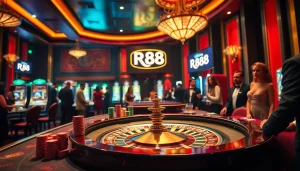 Engage in thrilling casino games at RR88, featuring vibrant tables, slot machines, and luxury atmosphere.