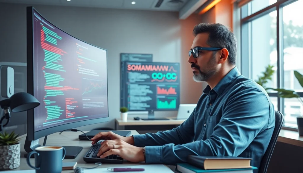 Innovative software engineering workspace featuring dynamic code displays and productivity vibes.