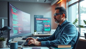 Innovative software engineering workspace featuring dynamic code displays and productivity vibes.