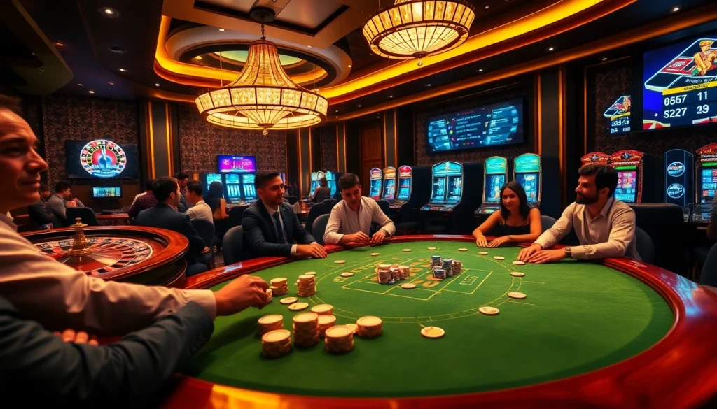 Players engaging in high-stakes poker at https://mmoo.de.com casino, with vibrant energy and professional atmosphere.