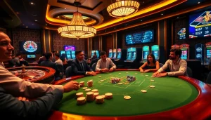 Players engaging in high-stakes poker at https://mmoo.de.com casino, with vibrant energy and professional atmosphere.