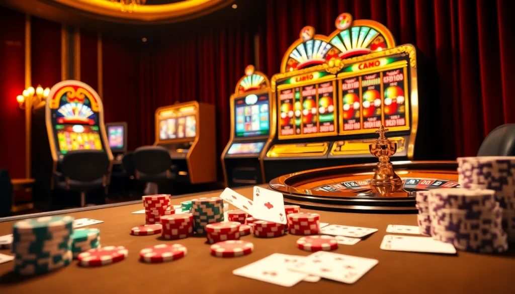 Experience thrilling moments at the casino with vn168, featuring vibrant poker chips and roulette wheels.