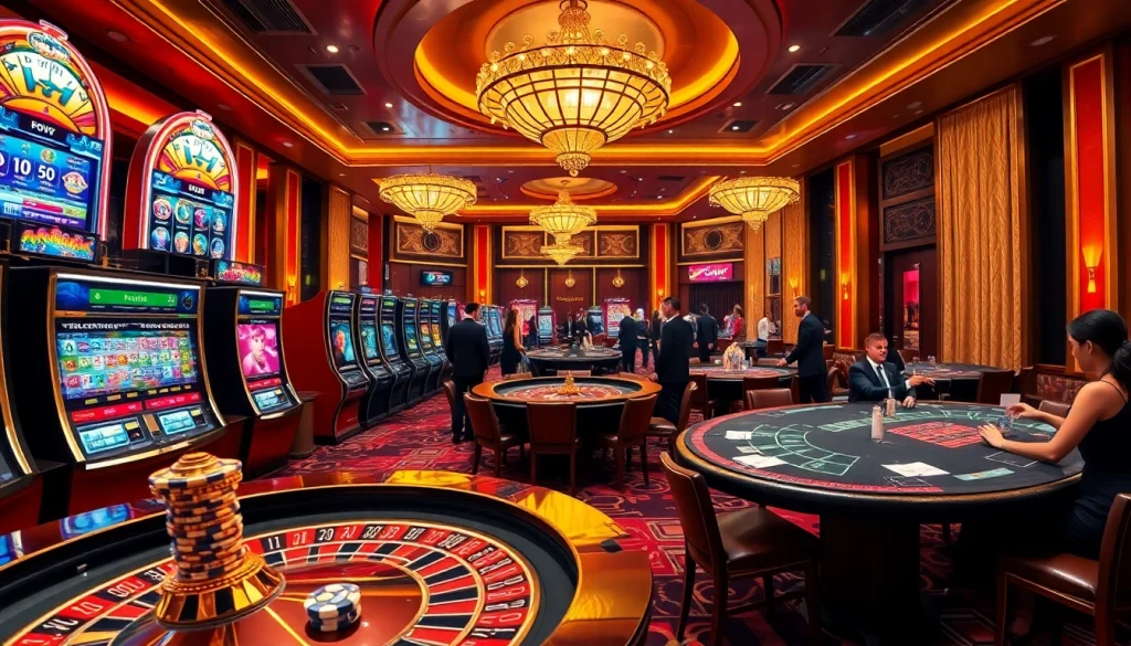 The exhilarating casino experience at go8s.bio/ with luxurious gaming tables, vibrant slot machines, and poker chips.