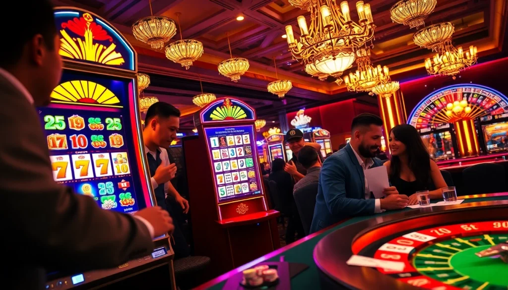 Players enjoying a mahjong slot demo at a vibrant casino, showcasing variety and excitement in gambling.