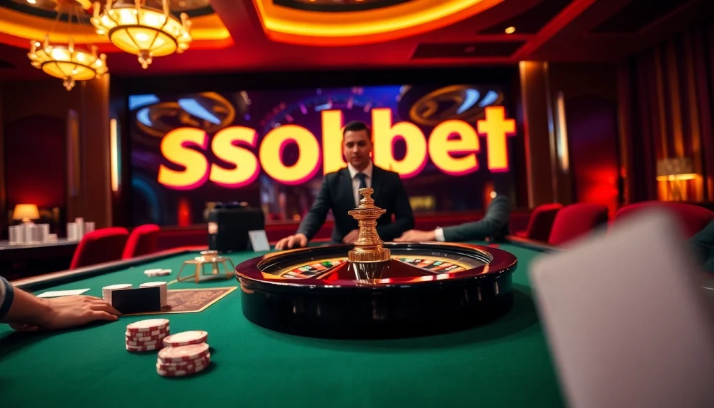 Sbobet players engaging in an exciting online casino game with professional dealers and vibrant colors.