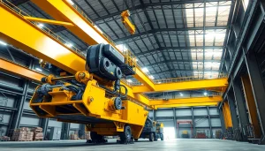 Double girder bridge crane lifting heavy machinery in an industrial warehouse