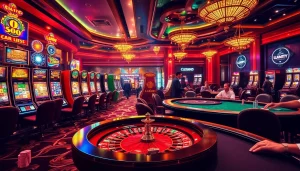 Experience the thrill of Luckywin with exciting slot machines and dynamic roulette tables in a luxurious casino setting.