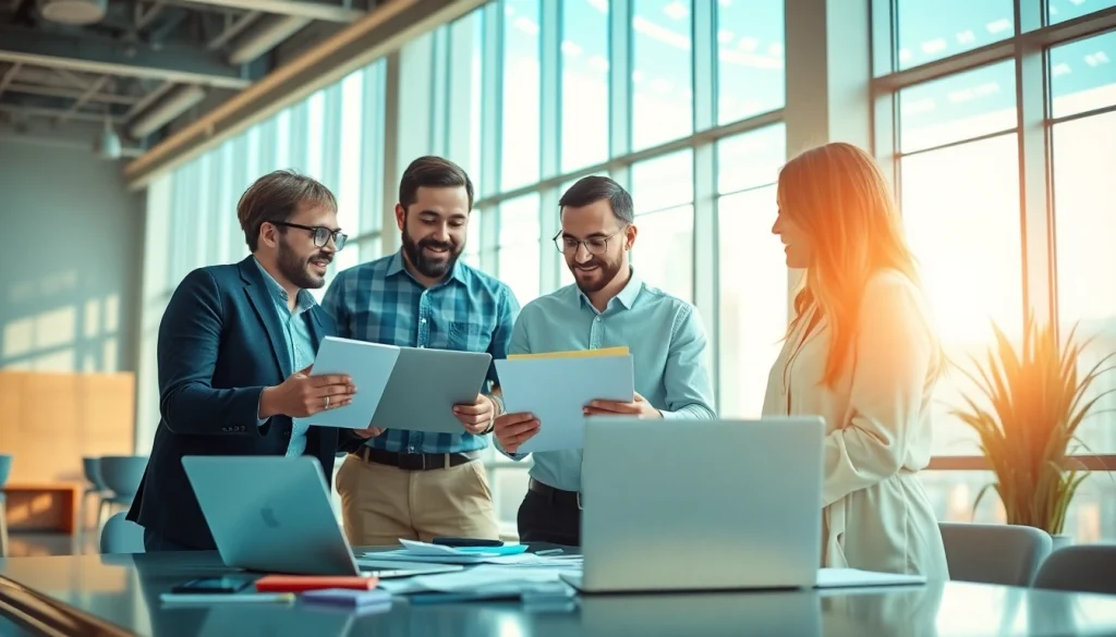 Engaging scene of social media marketing team strategizing in a bright office.