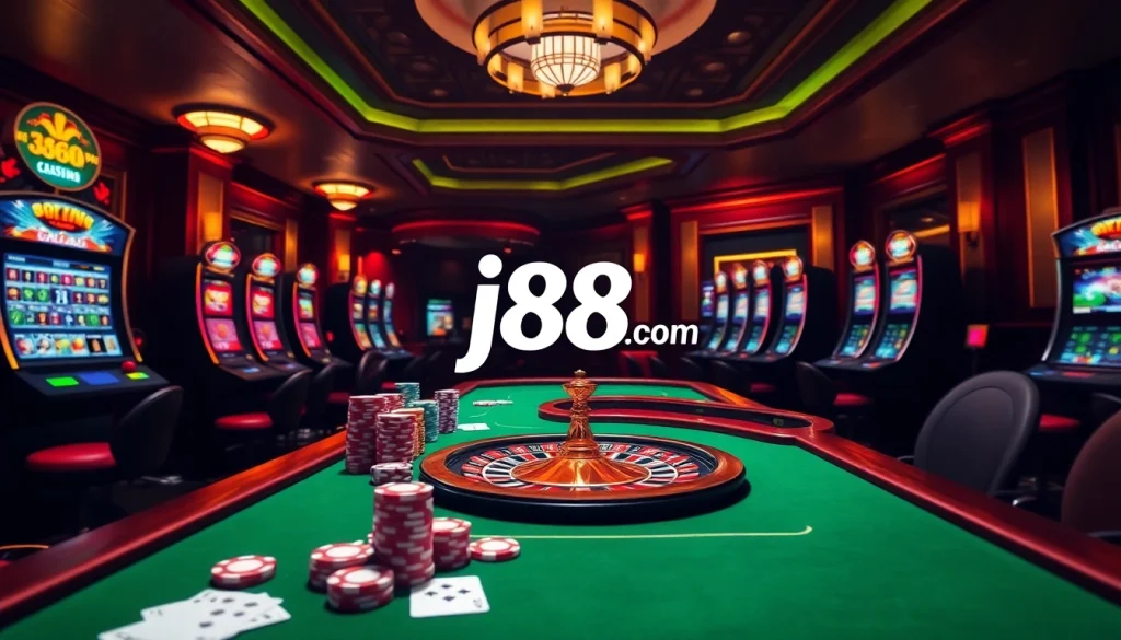 Engaging in thrilling online gaming at j88 com with colorful chips and vibrant casino tables.