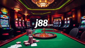 Engaging in thrilling online gaming at j88 com with colorful chips and vibrant casino tables.