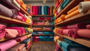 Bekijk kleurrijke poplin stoffen op een houten plank in een creatieve studio.