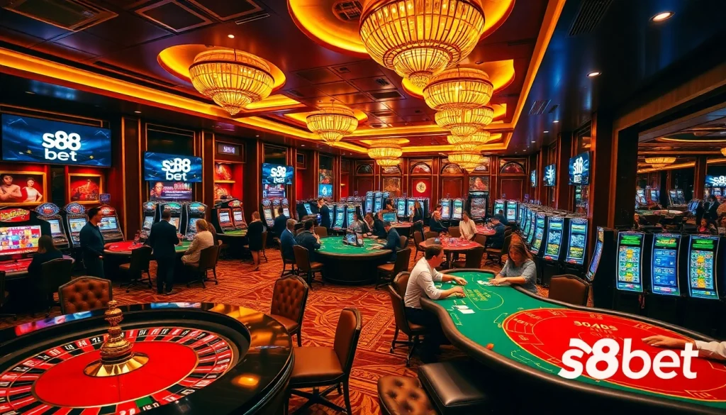 S88 bet players enjoying an immersive experience at a luxury casino with vibrant gaming tables.