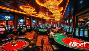 S88 bet players enjoying an immersive experience at a luxury casino with vibrant gaming tables.