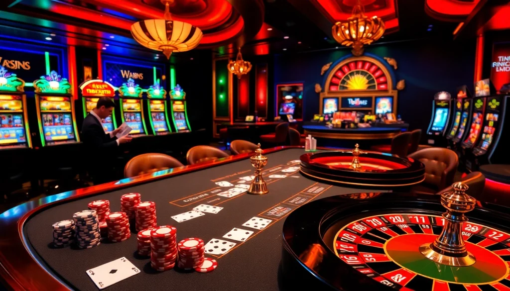 Engaging casino scene with onicplay logo, showcasing poker chips and a roulette wheel.