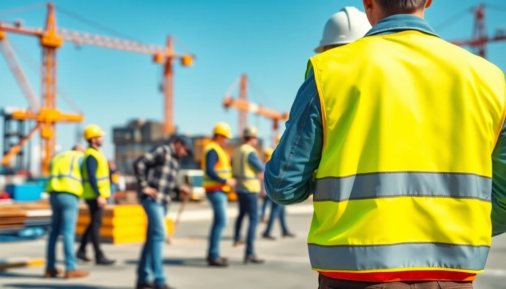 Matoma saugos liemenė (šviesą atspindinti liemenė su užrašu) su įmonės prekės ženklo ženklu aktyvioje statybvietėje, pabrėžianti saugumą.