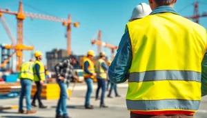 Matoma saugos liemenė (šviesą atspindinti liemenė su užrašu) su įmonės prekės ženklo ženklu aktyvioje statybvietėje, pabrėžianti saugumą.