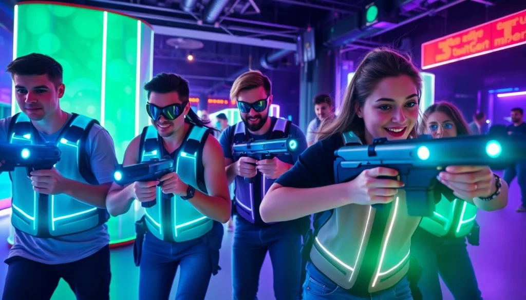 Group of friends actively playing Laser tag in an exciting arena environment.