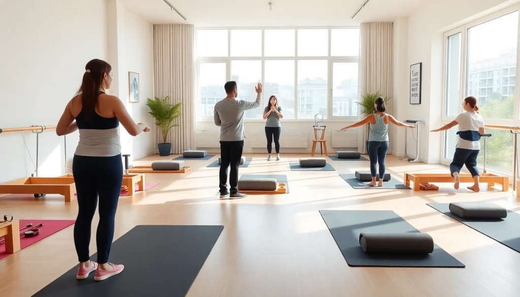 台東区のモダンなスタジオでピラティスに取り組む参加者たち。フィットネスとコミュニティの本質を体現する様子。