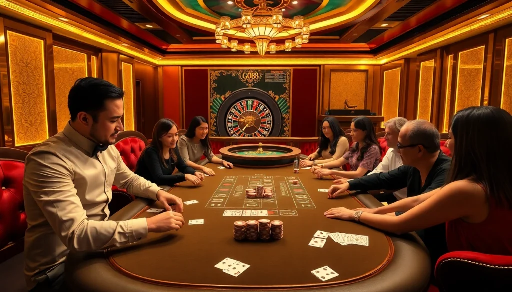 GO88 players enjoying an upscale poker game surrounded by rich casino decor.