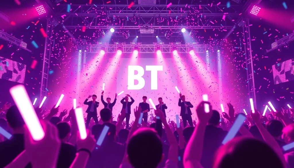 BTS news highlights an exciting concert atmosphere with fans cheering and vibrant lights.