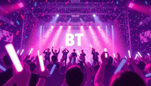BTS news highlights an exciting concert atmosphere with fans cheering and vibrant lights.