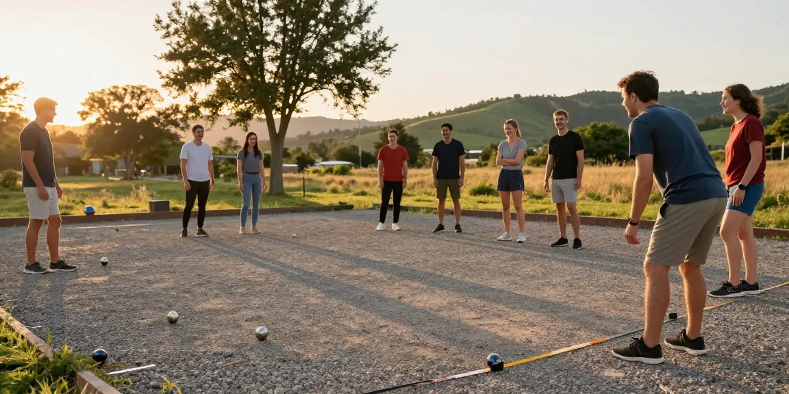 Aktivitas bermain petanque di fopikotatomohon.org selama senja, kelompok teman bersenang-senang di lapangan.